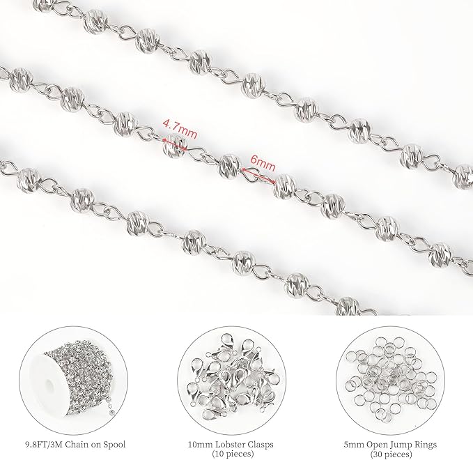 KYUNHOO 3.3 Yard Silver Ball Bead Chain for Jewelry Making Solid Copper Chain Roll with Lobster Claps and Jump Rings Rosary Chain for Women Bracelet Necklace DIY Jewelry Supplies