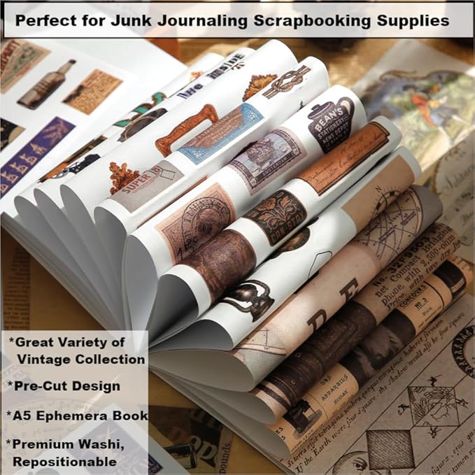 50 Sheets Pre-Cut Washi Sticker Book for Adults, 412Pcs Vintage Stickers, 20 Adhesive Collage Papers, Ephemera for Junk Journal, Journaling, Scrapbooking Supplies, Bujo
