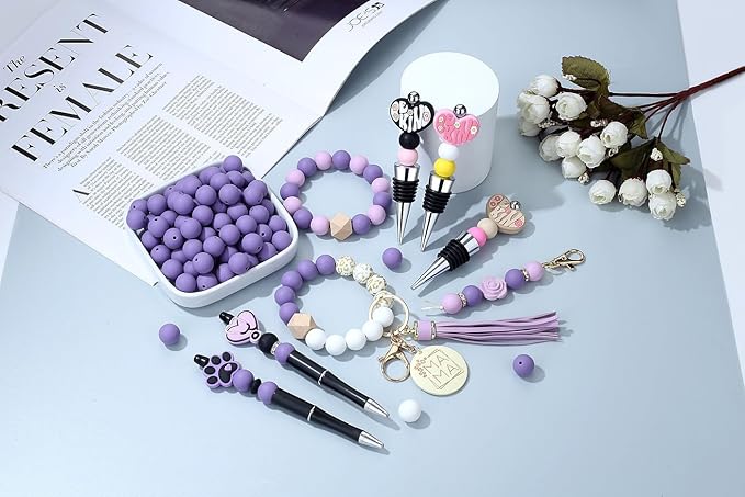 MAIBAOTA 120 Pcs Purple Silicone Beads 15 mm Purple Beads for Keychain/Pens/Bracelet/Necklace Making Focal Beads Loose Rubber Round Silicone Beads Bulk for Craft Making（with Boxed Kits）