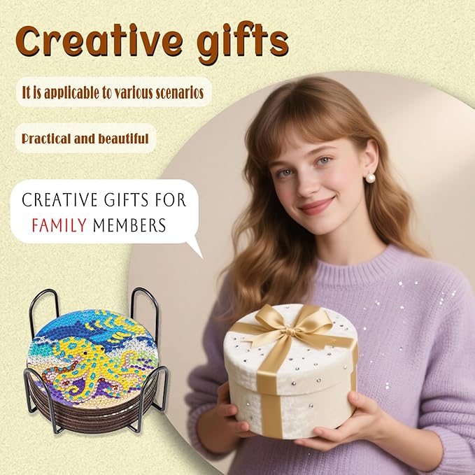 8 Pcs Ocean Diamond Art Coaster Kits with Holder,Diamond Painting Coasters for Adults Beginners,Home Decor Abstract,Fun Gifts for Women
