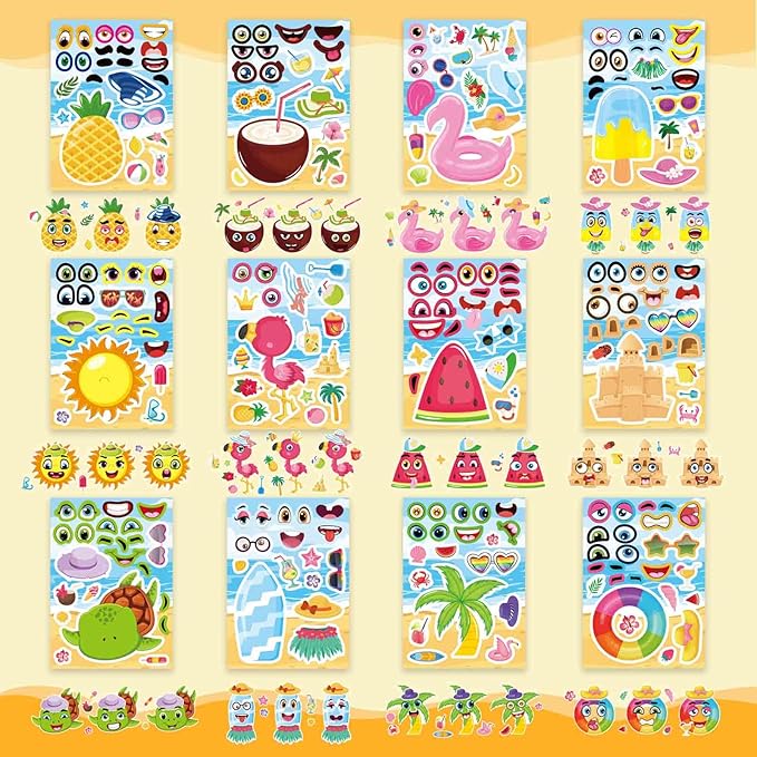 24 sheets summer make a face sticker for kids, hawaii tropical pool beach stickers, make your own sticker with pineapple flamingo beverage, summer holiday party favors