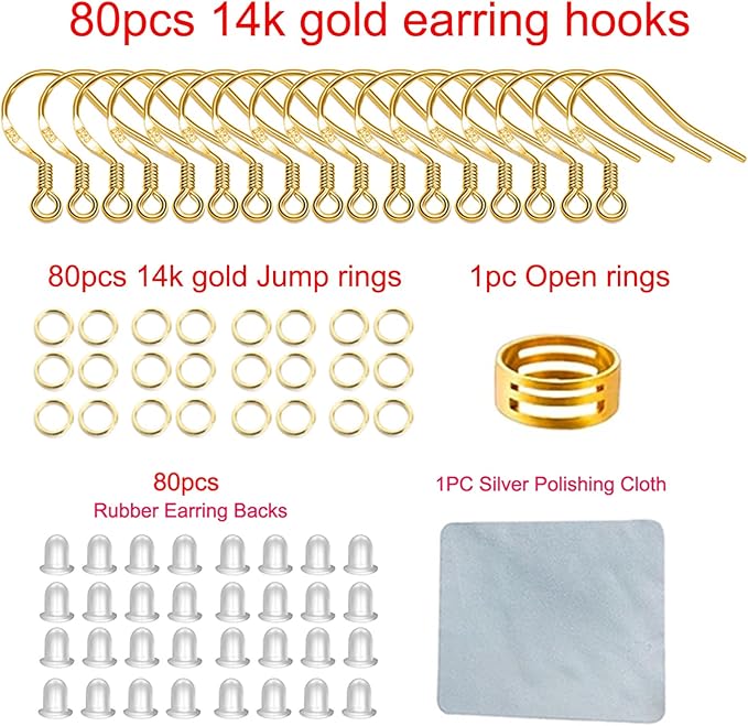 gold earring hooks 80 pcs/40 pairs, ear wires fish hooks, 240pcs hypo-allergenic jewelry findings parts with jump rings and clear silicone earring backs stoppers for diy jewelry making (14k gold)