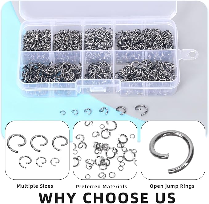 Glarks 1403Pcs 10mm 5mm 4mm 7mm 8mm Open Jump Rings Kit, Iron Round Ring Connectors Nickel Free Gun Black O Rings for Jewelry Making Connectors and Necklace Repair