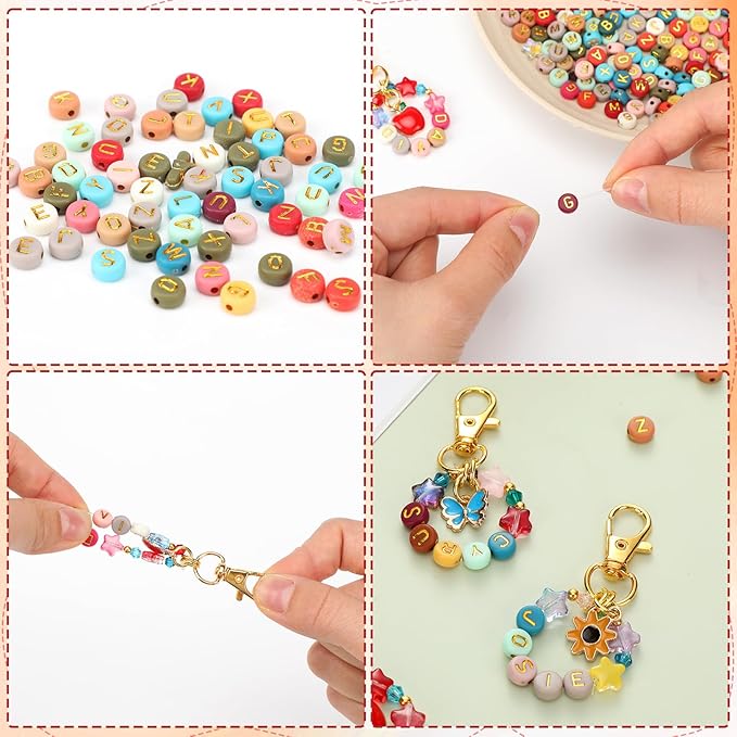 Solsew 1048 Pcs Beaded Keychain Making Kit DIY Key Chain Making Bag Charm Beads Craft Adjustable Letters Beads Strings Alphabet Key Ring Women Gift for Jewelry Backpack Accessories