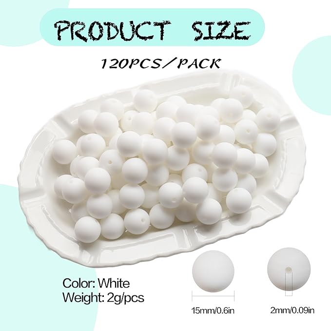 120pcs 15mm Silicone Round Beads for DIY Crafts, Keychains, Pens, Necklaces and Bracelets Making,Assorted Rubber Beads Set (White)
