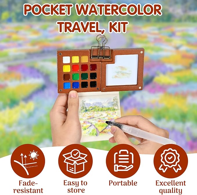 Mini Watercolor Paint Set,Portable mini Travel Watercolor kit, Pocket Watercolor Set with Paint,Art Supplies, for Artists, Amateur Hobbyists and Painting Lovers(12 Colors 15 Grids)