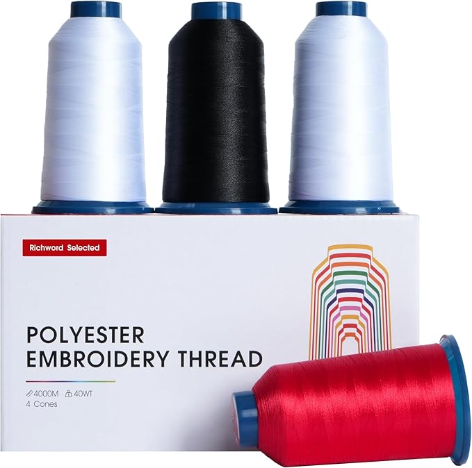 Poolin Embroidery Thread, 2White+1Black+1Red, Huge Spool Richword Selected 4 Rolls 4000M(4374Y) 40WT Polyester Thread for All Embroidery Machines Embroidery Machines