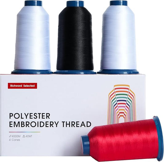 Poolin Embroidery Thread, 2White+1Black+1Red, Huge Spool Richword Selected 4 Rolls 4000M(4374Y) 40WT Polyester Thread for All Embroidery Machines Embroidery Machines