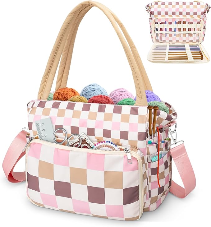 DALINDA Crochet Bag Organizer,Yarn Bag and Tote- Yarn Storage with Multiple Pockets for Crochet Supplies, Knitting Bag for Gifts,Portable & Durable(Brown)