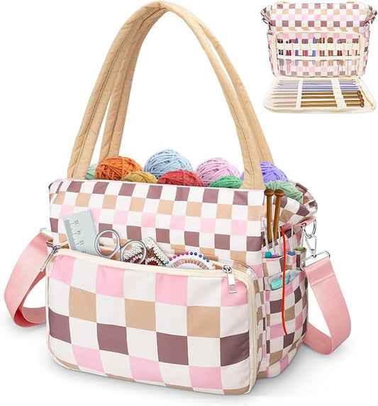 DALINDA Crochet Bag Organizer,Yarn Bag and Tote- Yarn Storage with Multiple Pockets for Crochet Supplies, Knitting Bag for Gifts,Portable & Durable(Brown)