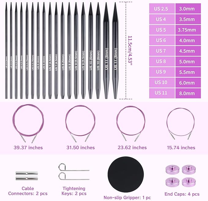 Coopay Interchangeable Knitting Needles, 9 Pairs Knitting Needle Set (3-8mm) with 4 Cables (40/60/80/100cm), Aluminum Cable Needles for Hats, Socks, Scarves, Gloves, Sweaters, Portable Carry Bag