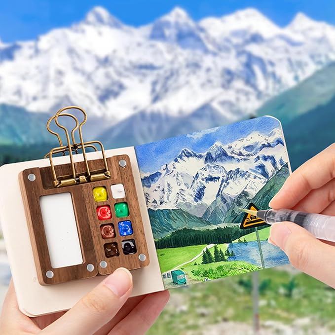 Mini Travel Watercolor Set Pocket Artist Watercolor Travel Set Grid Palette Box Sketch Book Brush Pens With Binder Clips For Painters Artists Students