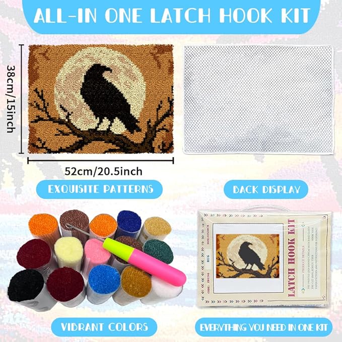 ORIGACH Black Raven & Moon Latch Hook Rug Kit for Adults Printed Rug Making Kit Handmade Carpet Tapestry Cover with Hook Latch and Preprinted Canvas, Home Arts Crafts Sofa Decor, 20.5x15inch
