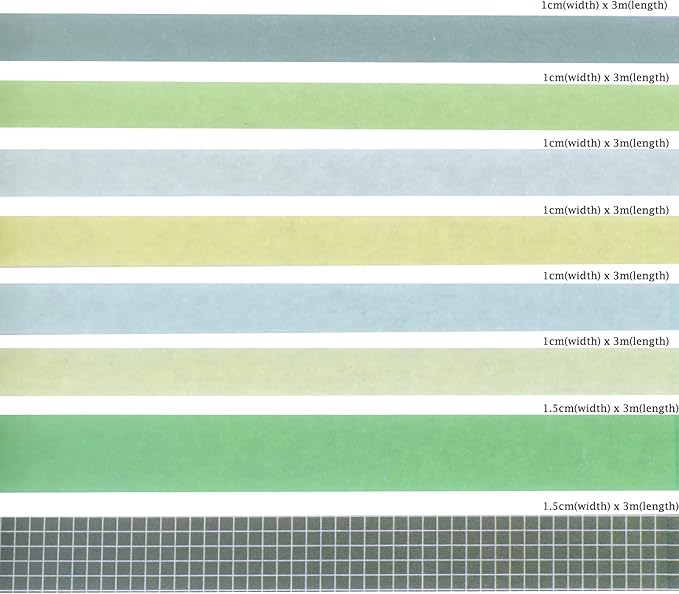 8 Rolls Washi Tape Set Basic Solid Color Green Plaid Grid Adhesive Decoration Label Masking Tapes for DIY Journaling Scrapbook Planners Art Craft Album Scrapbooking Collage Water Bottles