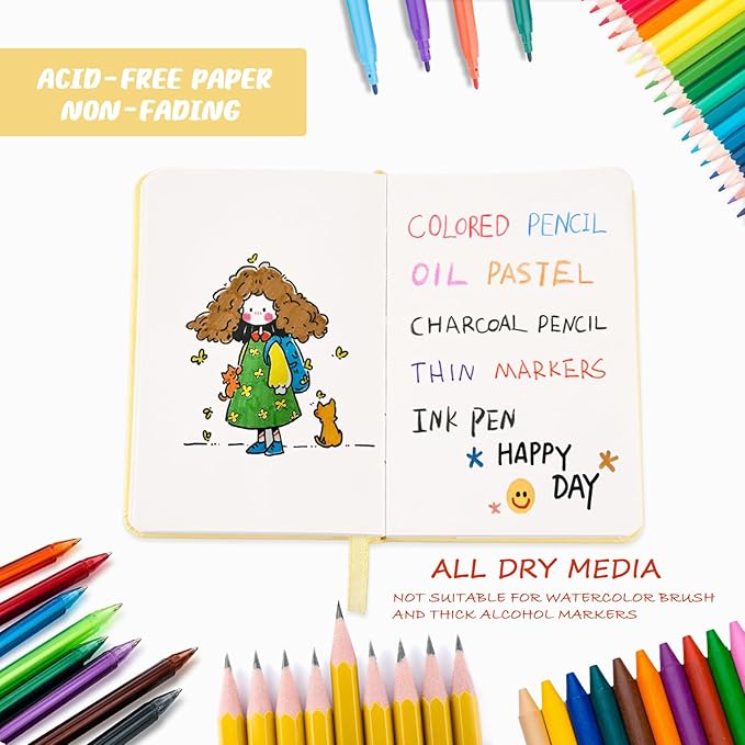 Mix Media Pad,3.5"x5.5" Small Hardcover Leather Art Sketchbook,60 Sheets(112lb/180gsm) Heavyweight Acid Free Artistic Painting Drawing Sketching Paper, Handy Pocket Journal Sketchbook.Lemon Yellow