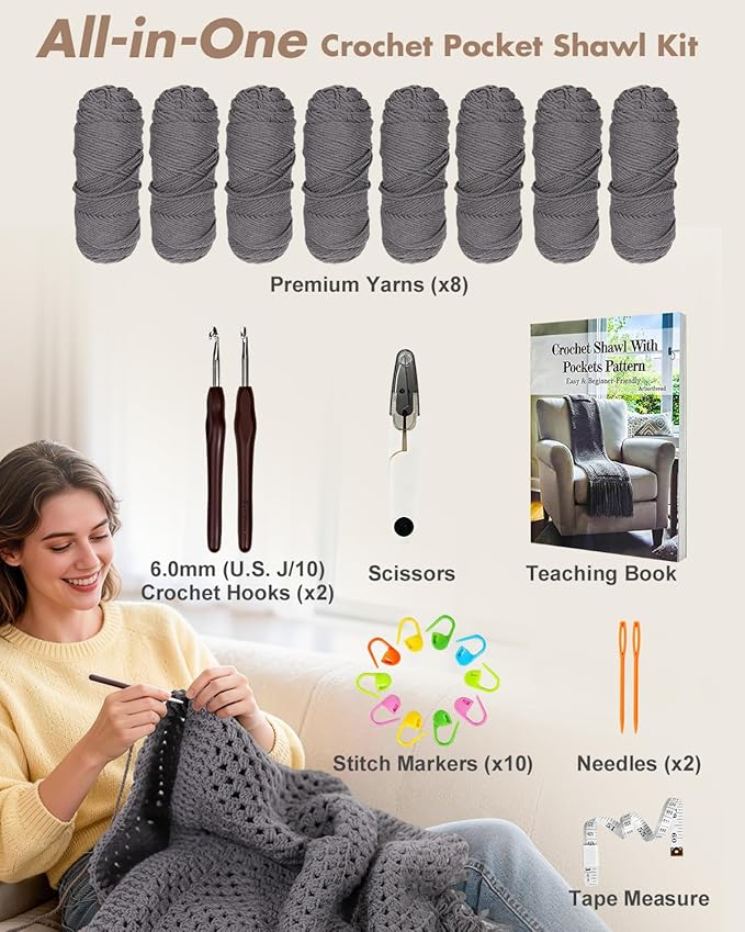 Arborthread Crochet Kit for Beginners, Easy Pocket Shawl & Scarf Crochet Kit for Adults w/Ample Premium Yarn to Fit Different Sizes, Step-by-Step Video & Instructions, Grey