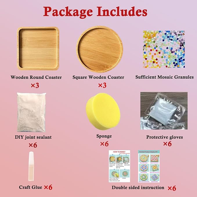 6 Sets DlY Mosaic Tiles for Crafts,Mixed Color Glass Mosaic Kits with Wooden Coaster for Adults,DlY Coasters Kit Mosaic Supplies for Handmade Home Decoration Gift (Square and Round)