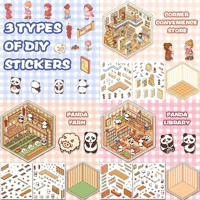 Scrapbooking Supplies Kit,DIY 3D Stickers Scene,3 Set Funny DIY Sticker Scenes,Make Your Own Cute 3D Miniature Room Scene Stickers for Adults Relief Stress Pass The Time.10-11-12