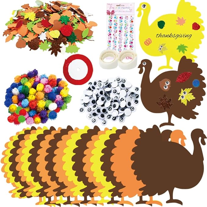 LUKBERA 660pcs Fall Foam Turkey Thanksgiving Craft Kits, Thanksgiving Turkey Foam Stickers Glitter Maple Leaf Pumpkins Self Adhesive Stickers Set for Thanksgiving DIY Arts and Crafts Party Décor