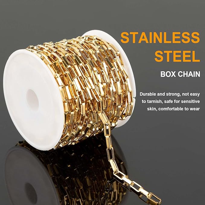 KYUNHOO 16.4 Feet/5M Gold Plated Box Chain Bulk Stainless Steel Jewelry Making Chains 3MM Thin Square Link Jewelry Chains for Necklace Bracelet DIY with Jump Rings and Lobster Claps