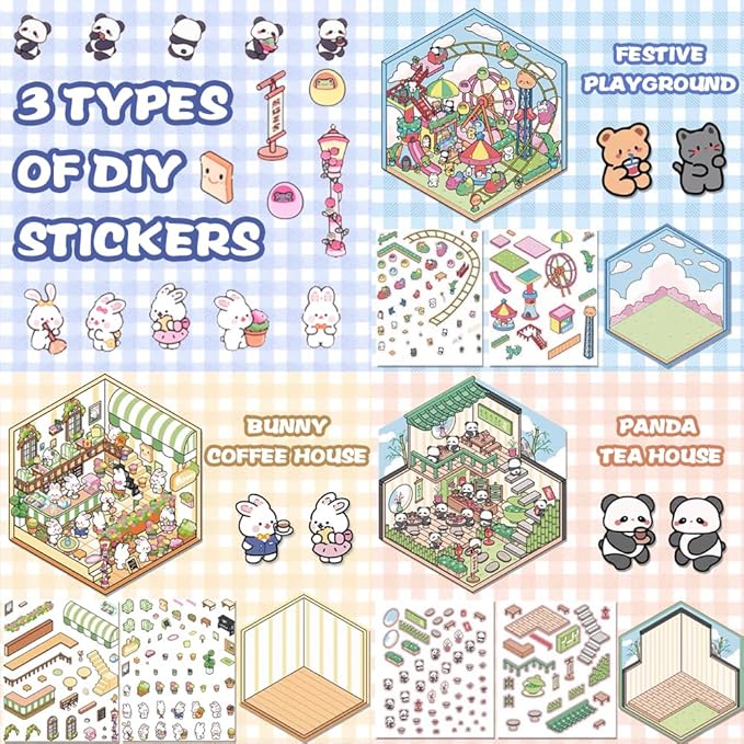 Scrapbooking Supplies Kit,DIY 3D Stickers Scene,3 Set Funny DIY Sticker Scenes,Make Your Own Cute 3D Miniature Room Scene Stickers for Adults Relief Stress Pass The Time.6-7-8