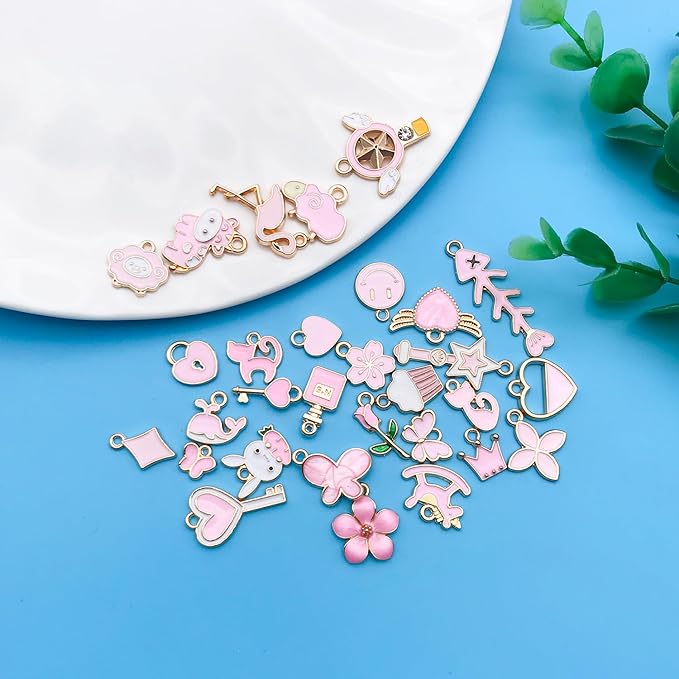 Youdiyla 60pcs Alloy enamel pink series fixed set Pendant Jewelry Making DIY Keychain Earrings Pendant Various Design Charms for Jewelry Making Bracelets Necklace (HK549)