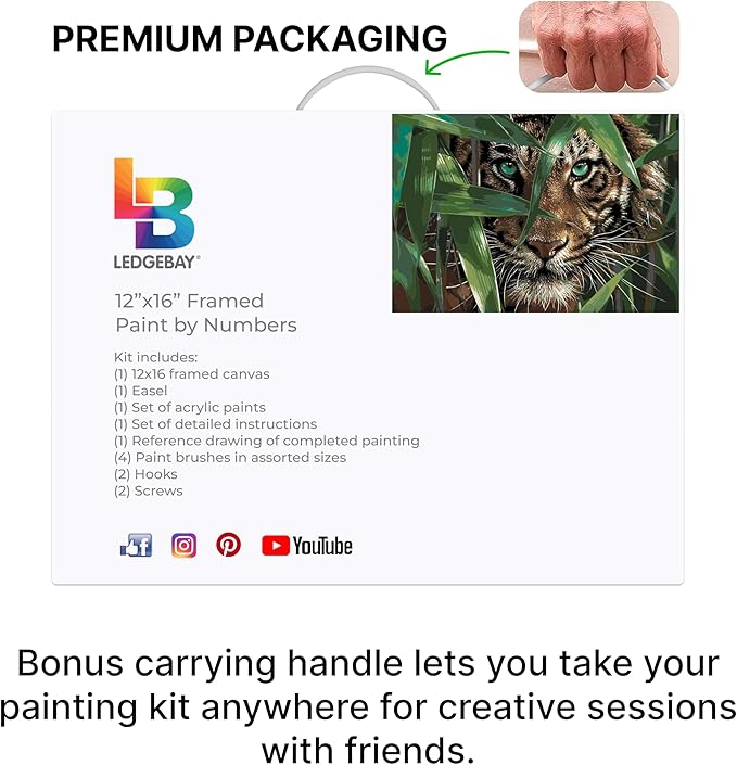 Ledgebay DIY Paint by Numbers Kit for Adults - Framed Canvas Beginner to Advanced Kit Includes Acrylic Paint Set, Brushes, Tabletop Easel (Bamboo Tiger 12" x 16" Framed)
