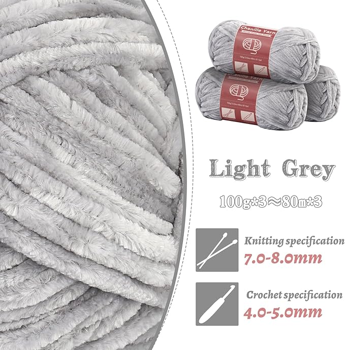 LUNARM Chenille Yarn for Crocheting Knitting, 3 Skein 263 Yard Thick Soft Chunky Fluffy Weaving Plush Yarn for Blankets Clothes Pattern Creations with Big Eye Needles (Light Grey)