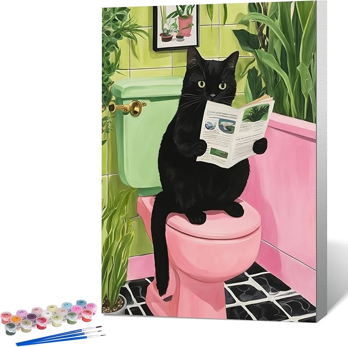 Framed Paint by Numbers Kit for Adults Beginner Black Cat, Adult Paint by Number Kits on Canvas Framed Bathroom, DIY Acrylic Oil Painting by Numbers with Frame, Perfect for Home Decor 8 X 12 Inch