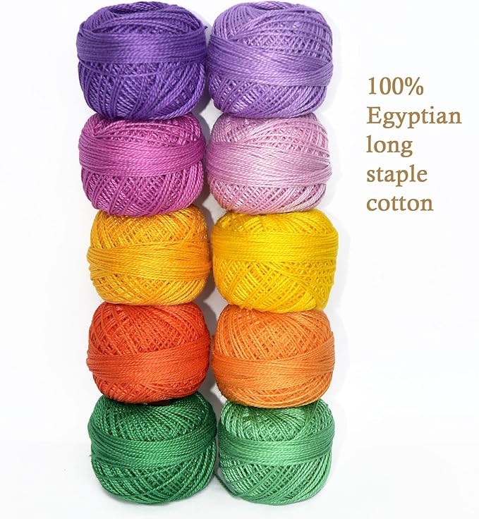 Double Mercerized Egyptian Long Staple Cotton Pearl Thread Ball 10 Grams Rainbow Color Embroidery Thread 10 Colors per Box for Crochet Hardanger Cross Stitch Hand Embroidery,Rainbow Light Color