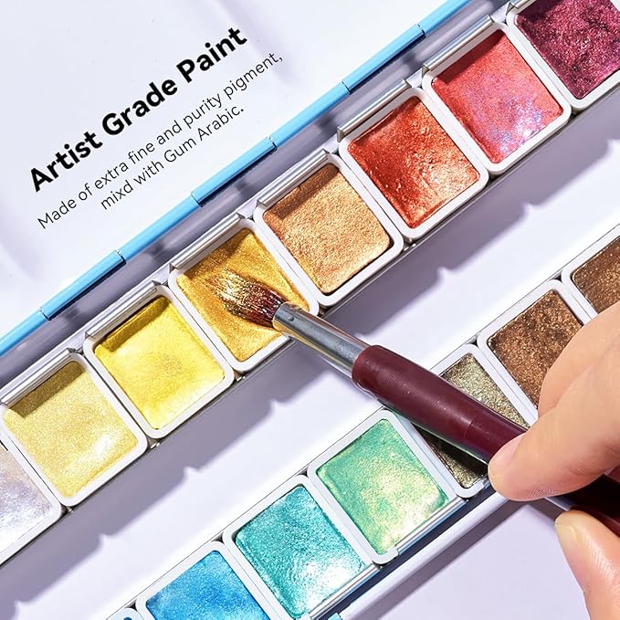 Paul Rubens Professional Metallic Watercolor Paints Set, Pearl Paint, Portable Metal Case with Palette, Set of 24 Half Pans, Art Supplies for Artists, Beginners, Hobbyists, Students