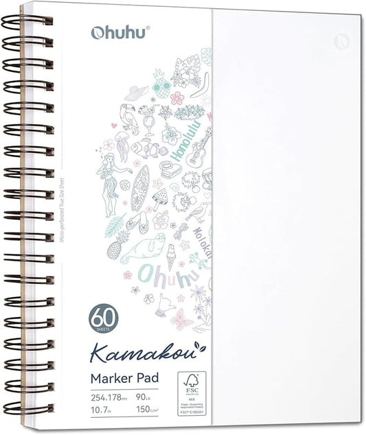 Ohuhu Double-Sided Marker Pad Art Sketchbook Bleedproof - 7"x10" Large Paper Size - 90 lb/150 gsm Smooth Drawing Paper - 60 Sheets/120 Pages - Spiral Bound Sketching Book for Alcohol Markers