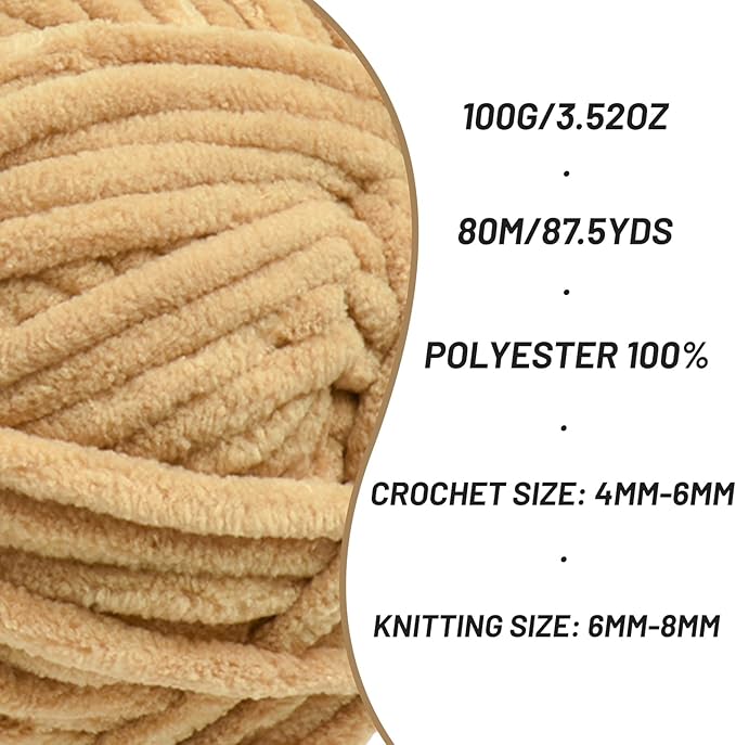 4 Pack Chunky Chenille Yarn for Crocheting, Baby Yarn for Crocheting Soft Blanket, 349.9 yds /14.1 oz Crochet Yarn, Bulky 5 Amigurumi Yarns, Fluffy Velvet Yarns for Knitting Crafts (4 Khaki)