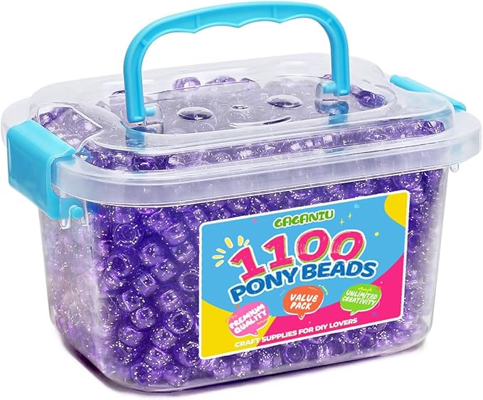 gaganiu pony beads 1100+ pcs – glitter purple plastic kandi beads in jar for bracelets, hair braids, jewelry making & diy crafts