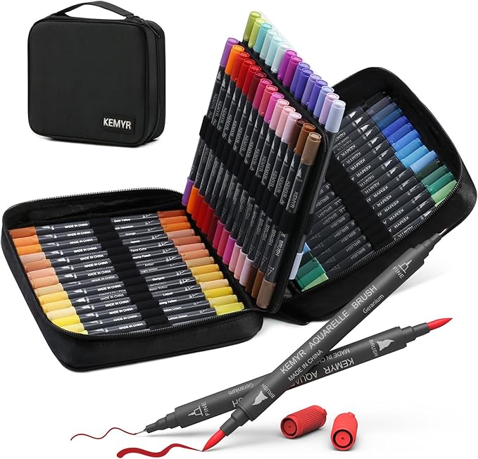 Markers for Adult Coloring Books: 60 Color Dual Tip Fine & Brush Pens Water-Based Coloring Marker for Adults Drawing Sketching Bullet Journal Writing Lettering No bleeding