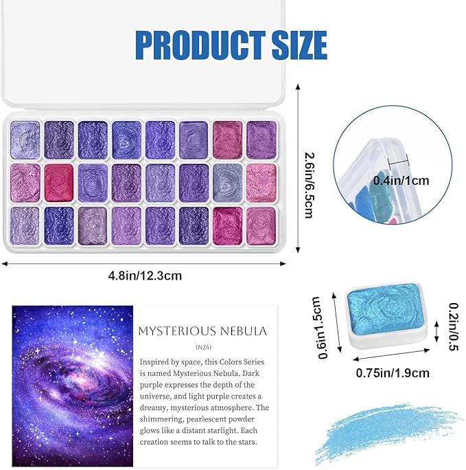 Mini Glitter Watercolor Paint Set with Paper, 24 Colors Shimmer Metallic Watercolour Painting Sets, Solid Pearl Water Color Paints for Adult, Purple 1ml Trial Pack(Mysterious Nebula)