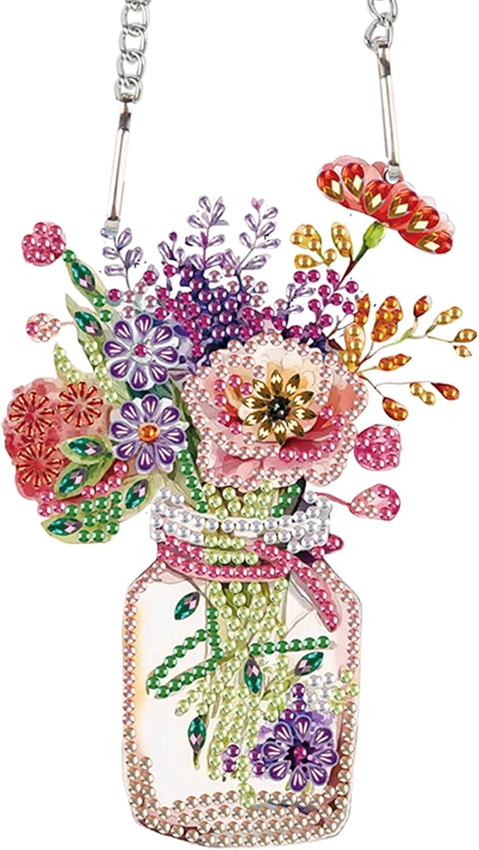 Floral Jar Diamond Painting Hanging Ornament, DIY 5D Special Shaped Rhinestone Acrylic Pendant, Vase with Flowers Diamond Art Kit for Wall, Door, Window or Garden Decoration, Handmade Craft Gift