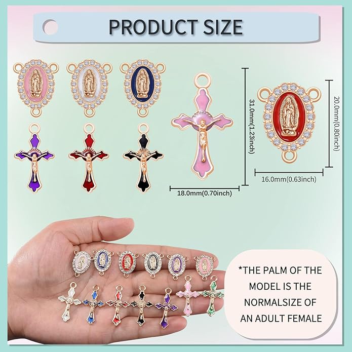 48Pcs/24Sets Rosary Making Kits Supplies Cross and Center Medal Charms Alloy Enamel Rhinestones Virgen de Guadalupe Charm Pendant for Diy Catholic Prayer Necklace