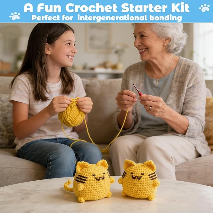 JueRum All in One Crochet Kit for Beginners,2PSC Cat Crochet Starter Kit with Step-by-Step Video Tutorials,Learn to Crochet Amigurumi Animals Knitting Kit for Adult