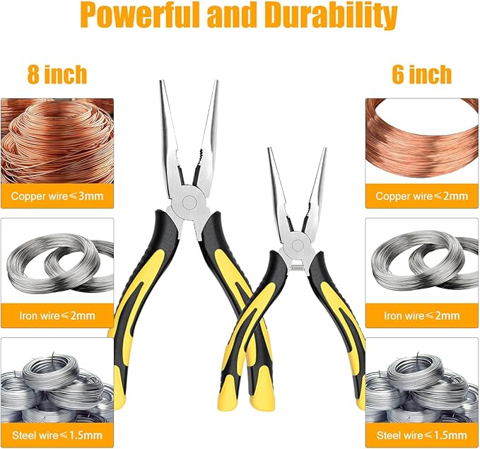 zuzuan premium long needle nose pliers-6''&8'', paper clamp precision, high carbon steel, soft grip with wire cutter, long nose cutting pliers for home, fishing, jewelry, crafts,2pcs