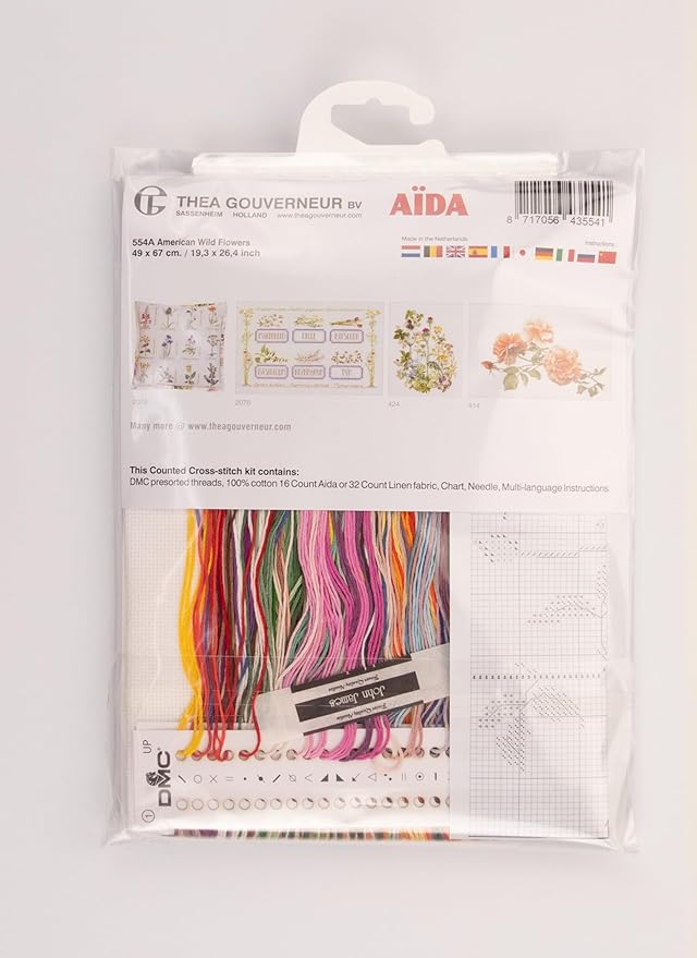 Thea Gouverneur - Counted Cross Stitch Kit - American Wildflowers - Aida - 16 Count - Embroidery Kits for Adults - Crafts - DMC Embroidery Threads and Other Cross Stitch Supplies Included - 554A