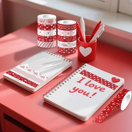 12 Rolls Love Heart Washi Tape Set, Red Stripe Checked Masking Tapes, Red Heart Decorative Tape for Journaling Supplies, Wedding Party, Junk Journal, Scrapbooking, Planner, DIY Arts Crafts 16.4FT