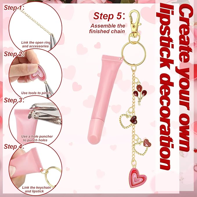 VioraWhite 213 Pcs Galentines Day Lip Gloss Keychain Making Kit Gift 100 Pink Enamel Charms 32.81 ft Gold Chains for Valentine's Day DIY Craft Jewelry Making Friends Women Adults
