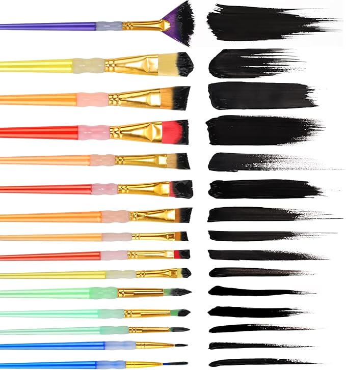 15Pcs Paint Brushes Value Pack, Includes 15 Different Types of Brushes, Nylon Colorful Hair with Silicone Crystal Penholder, Prefect Works with Oil, Acrylic and Watercolor Painting