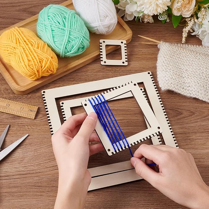 BENECREAT 4 Sizes Wooden Weaving Loom Kit, 2/4/5.9/7.8 inch Square DIY Weaving Loom DIY Weaving Art Tapestry Loom for Hanging Decor Woven Tapestry Knitted Crafts Making, 4.5mm Thick