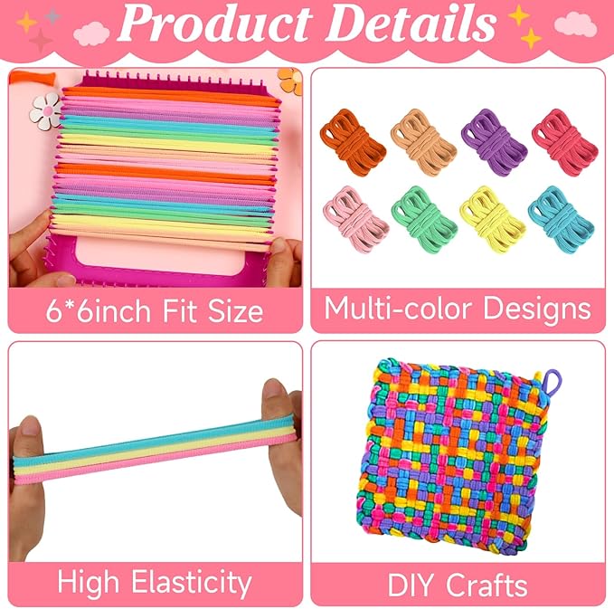 Naozinebi Pastel Loom Loops Potholder Rainbow Weaving Loom Loops Potholder Loops Elastic Weaving Craft Mother's Day Gifts DIY Flexible Kit Colorful Weaving Crafts for Adults DIY Crafts Supplies
