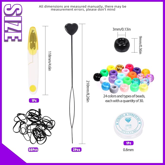 Swpeet 774Pcs 24 Colors Beads for Hair Braids Kit, Hair Beaders Rubber Bands, Including Candy Pony Beads, Elastic Rubber Bands, Quick Beaders for Hair Braids, Scissors and Bead Thread