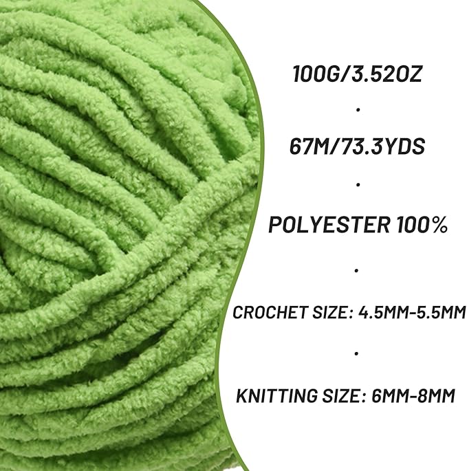 3 Pack Chunky Chenille Yarn for Crocheting, Baby Yarn for Crocheting Soft Blankets, Bulky Yarns for Crochet Amigurumi, 300g (223yds) Fluffy Velvet Yarns for Hand Knitting (3 Grass Green)