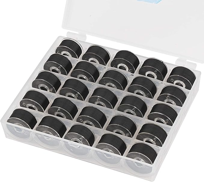 Simthread 25pcs Black Prewound Bobbins Thread Size A Class 15 (SA156) 60WT with Clear Storage Plastic Case Box 70D/2 for Brother Embroidery Thread Sewing Thread Machine DIY