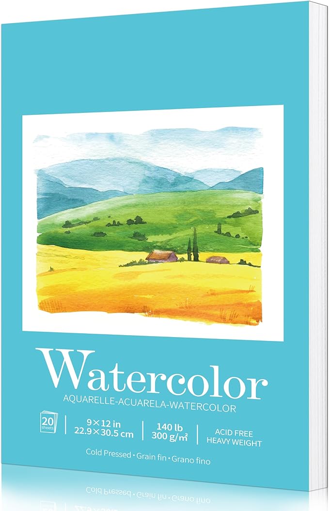 Watercolor Pad for Painting Practice,9"x12",Cold Pressed,Acid Free,Pad for Watercolor Paint,Pencil,Ink,Pastel and Acrylic,Watercolor Sketchbook,20 Sheets,White